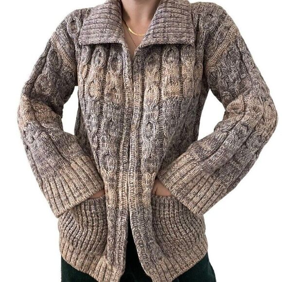 Vintage Womens Hand Knit Brown Wool Oversized Cable Fisherman Cardigan Sz L - Picture 4 of 9